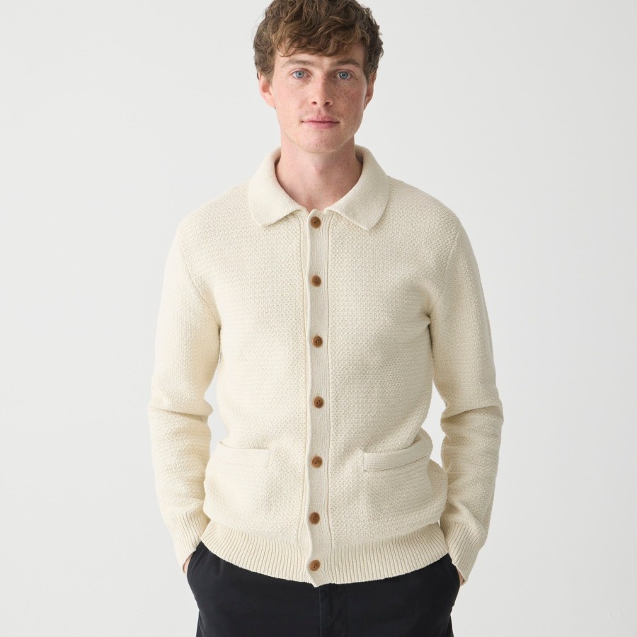 Online J.Crew Cotton Tuck-Stitch Cardigan-Polo Sweater