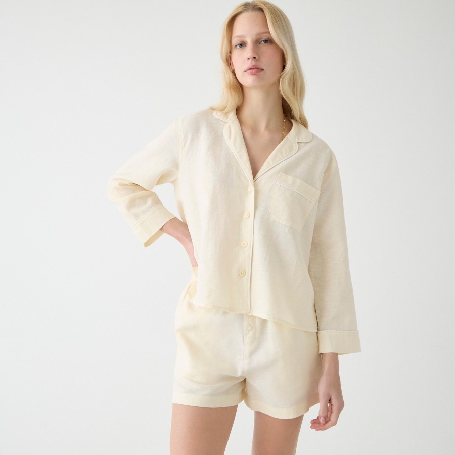 New J.Crew Long-Sleeve Pajama Short Set In Linen-Cotton Blend